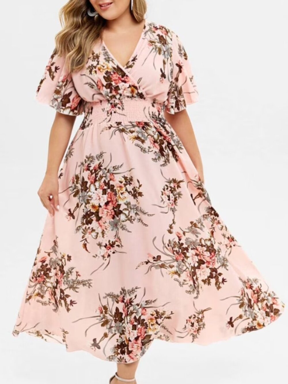 Amazon Pink Floral Boho Midi/Maxi Dress Plus Size 4XL Cottagecore Flutter Sleeve